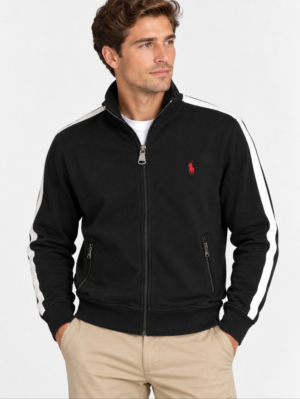 Polo Ralph Lauren Track Jacket Men's M Black White Stripe Red Pony Full Zip